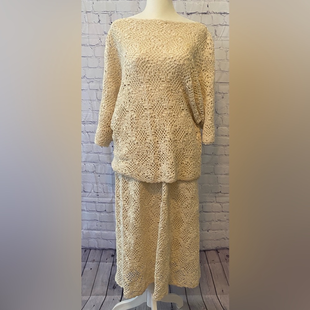 Vintage Off White 2 PC Crotched Boatneck Top & Lined Skirt Indie Retro Boho Sz L